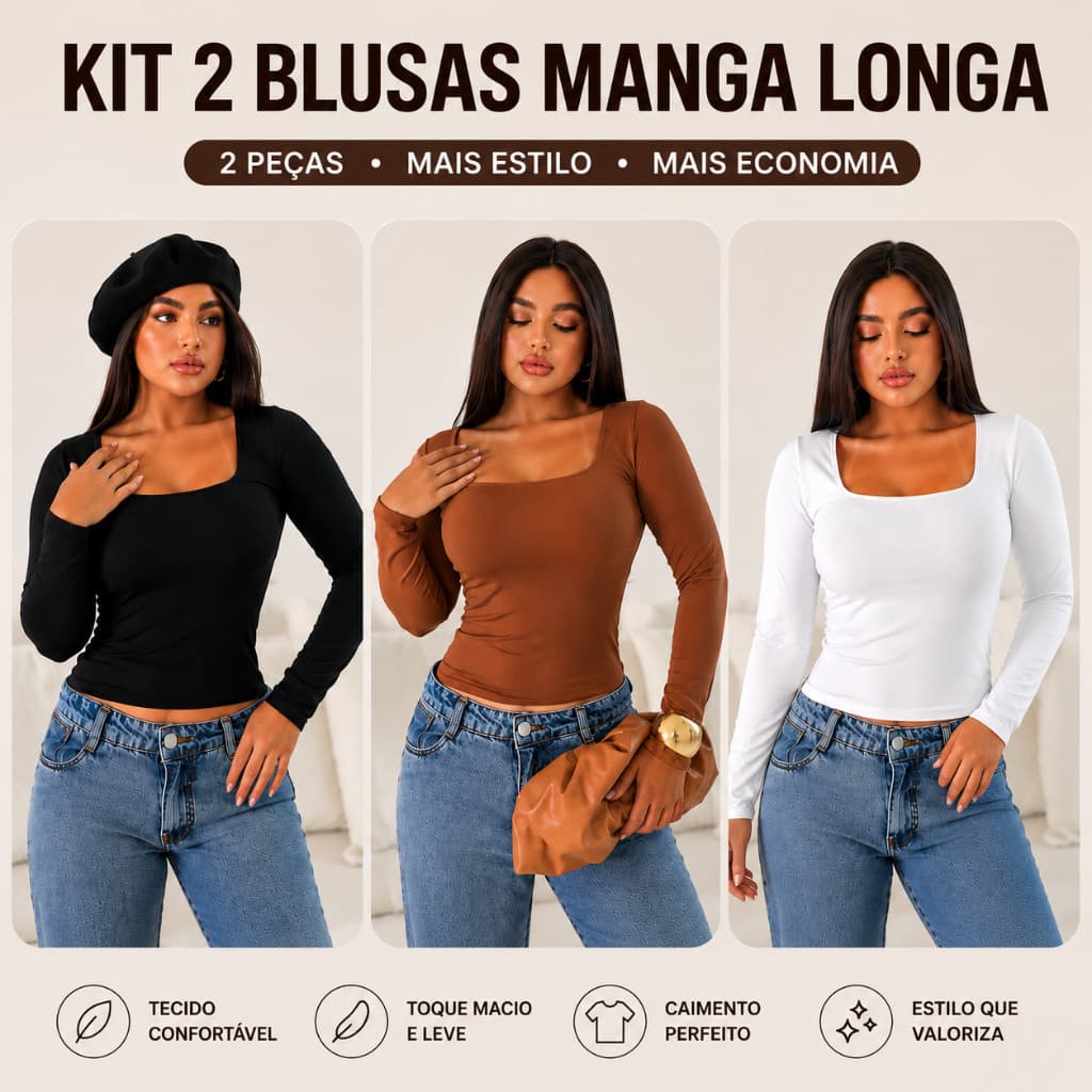 Kit 2 Blusa Feminina Manga Longa Suplex Decote Quadrado Academia Proteção UV Segunda Pele