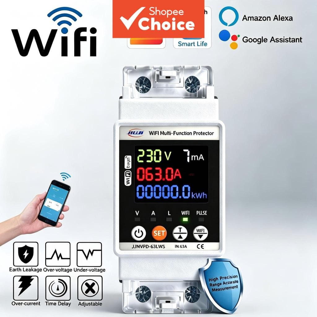 Disjuntor Inteligente Interruptor Jiuji WiFi 63A Para Tuya Medidor De Energia Temporizador Com Tensão E Vazamento