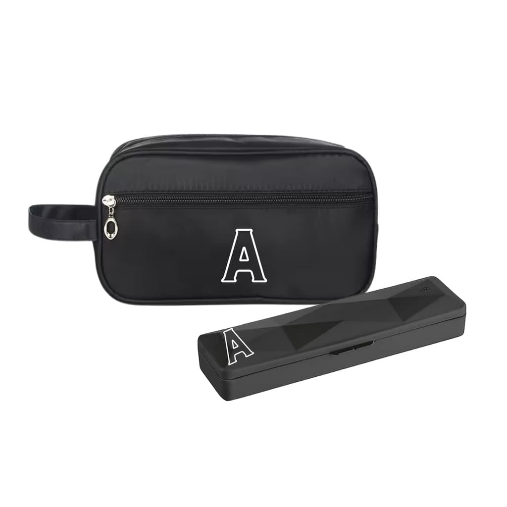 Kit Necessaire Bolsa Viagem e Porta Escova Preto Personalizado Iniciais Impermeável