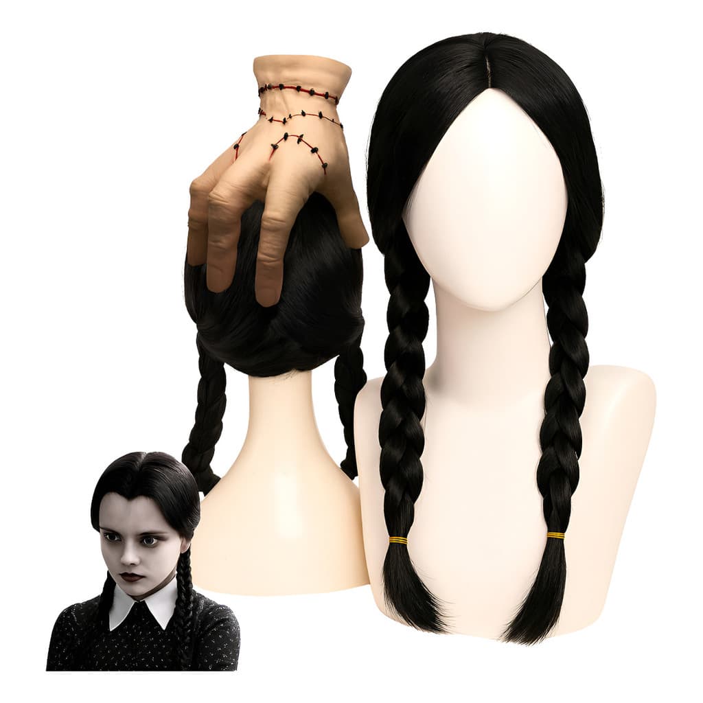 Peruca Preta Wandinha + Mãozinha Familia Addams Halloween Fantasia