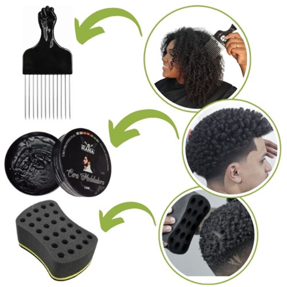 Kit Esponja Nudred 1 Lado M, Cera Modeladora Efeito Black e Pente Garfo M para Cabelos Black Power