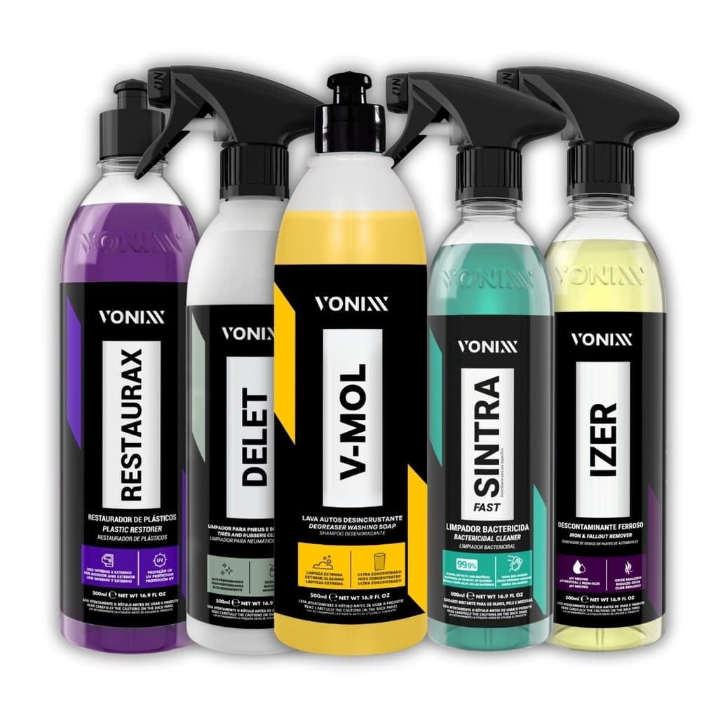 Kit Limpeza Pré Lavagem V-mol 500ml Delet Pneus Izer Rodas Sintra Fast Limpeza Interna Restaurax Plasticos Vonixx
