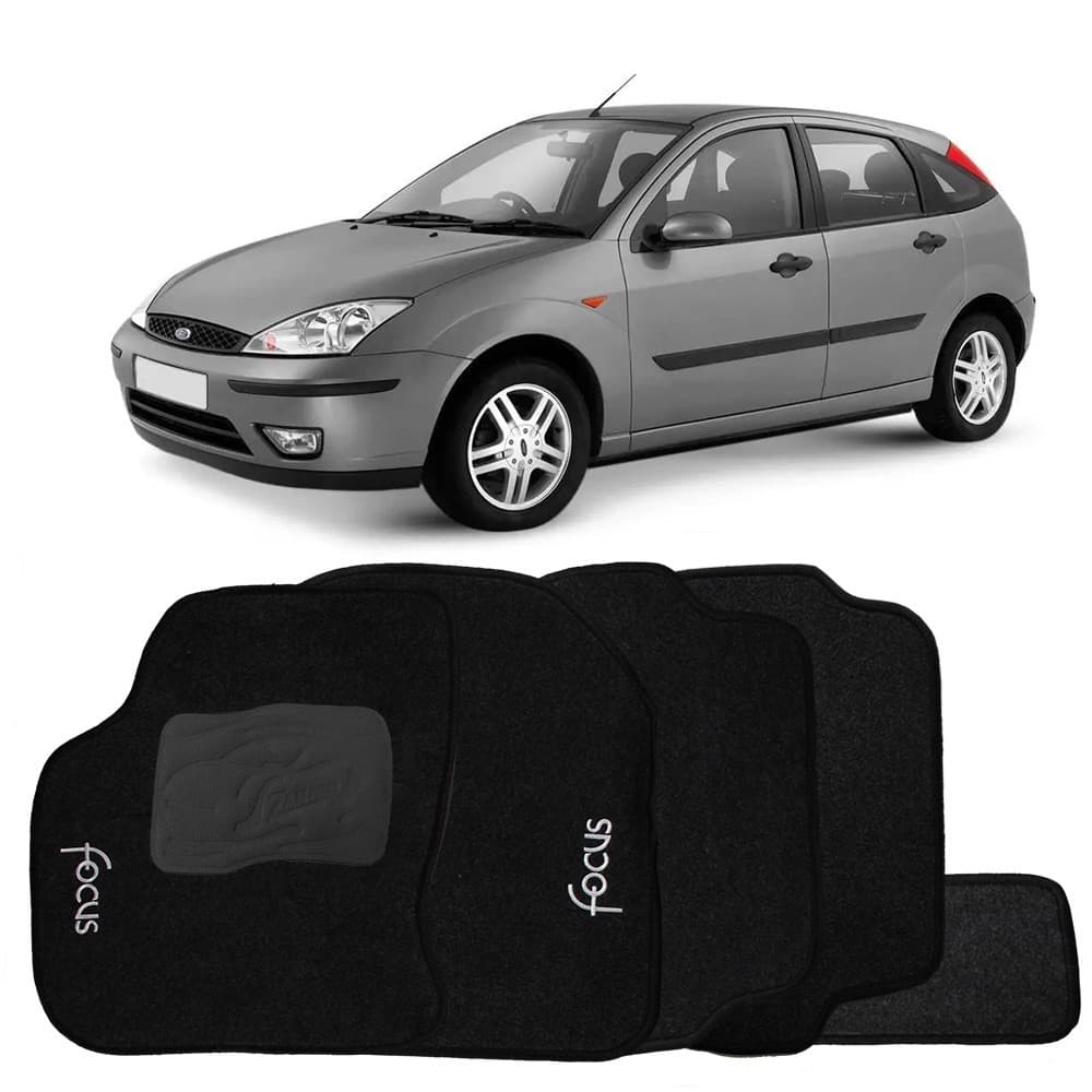 Tapete Focus Hatch Sedan 2001 a 2013 Carpete Automotivo Logo Bordado Preto com 5 Peças