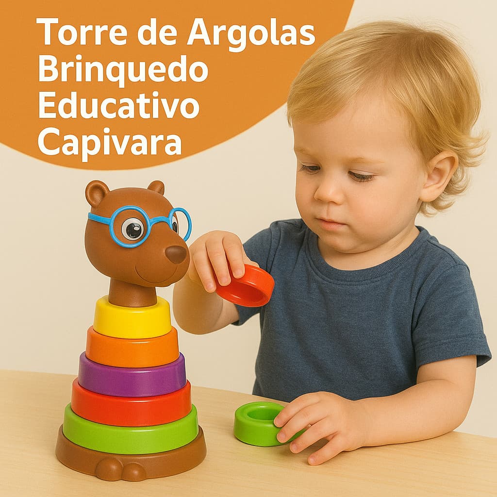 Torre de Argolas Brinquedo Educativo Capivara ROI e BEL Coloridas Infantil Didático