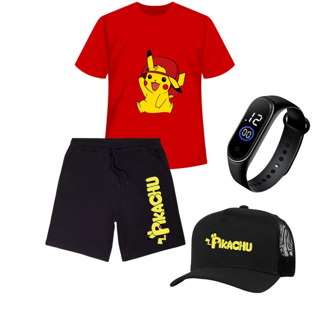 Conjunto Pokemon Pikachu Menino camiseta  Bermuda relogio Infantil Desenho 4 ao 16