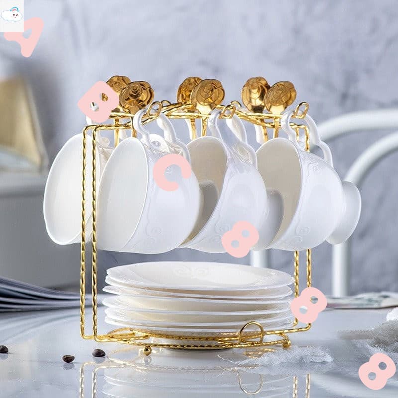 Rack De Exibição De Xícara E Pires De Café Dourado Com Suporte Para 6 Xícaras 6 Caixas De Drenagem De Cozinha Moderno