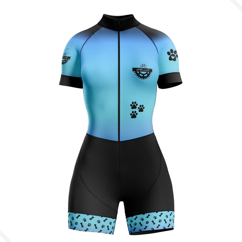 Macaquinho Ciclismo Feminino Profissional Gel Acolchoado UV Proteção MTB Speed Stella Wear Cachorrinhos Azul