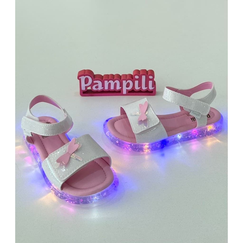 Sandália Infantil Pampili Led Branca com Libélula e Glitter