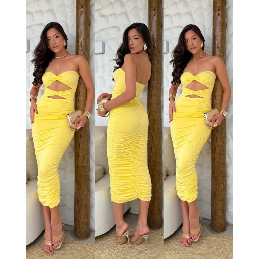 Vestido Longo Feminino Mídi Tomara Que Caia Frente com Bojo