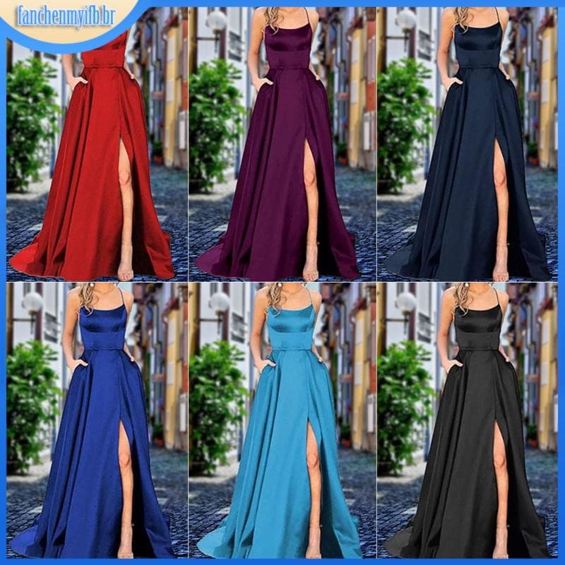 Vestidos De Baile De Finalistas Feminino De Cetim Spaghetti Noite Formal Com Bolsos