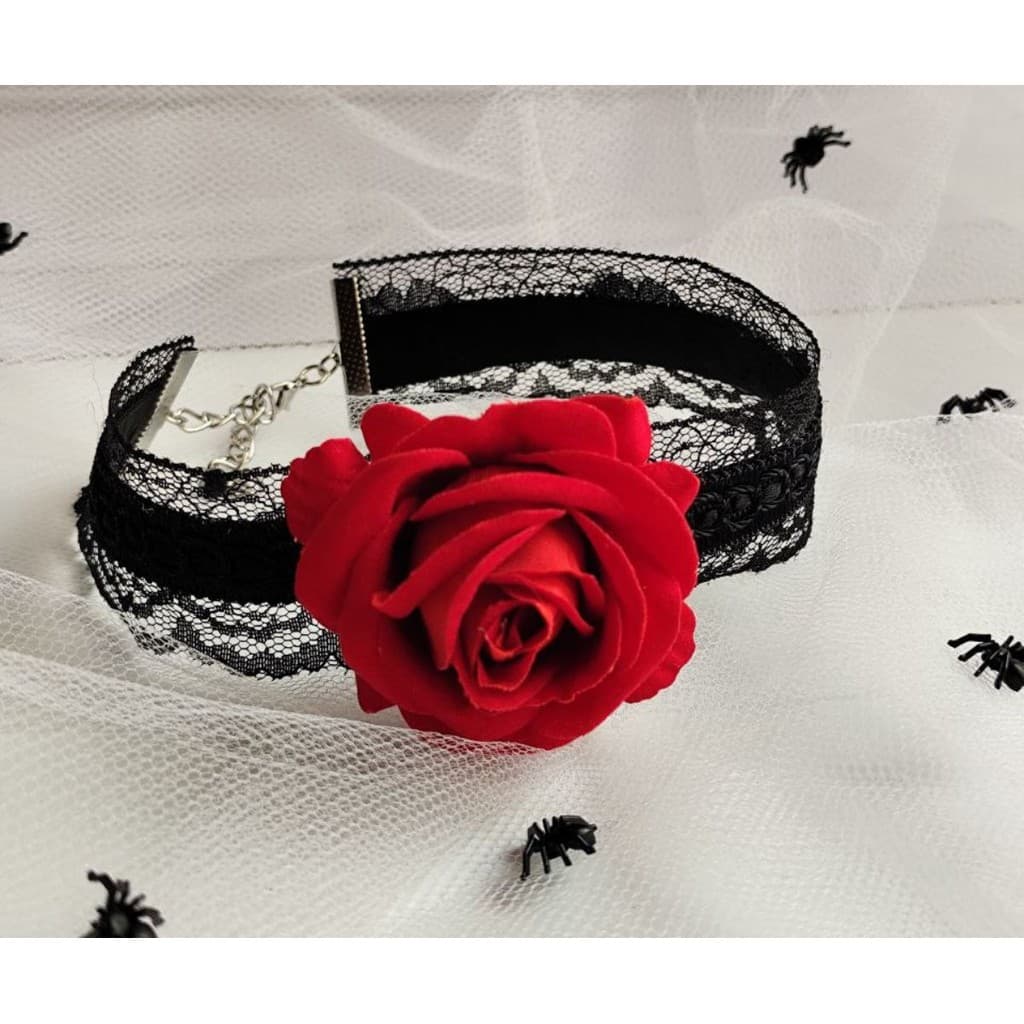 Choker Halloween de Renda Preta com Rosa Vermelha Acessório