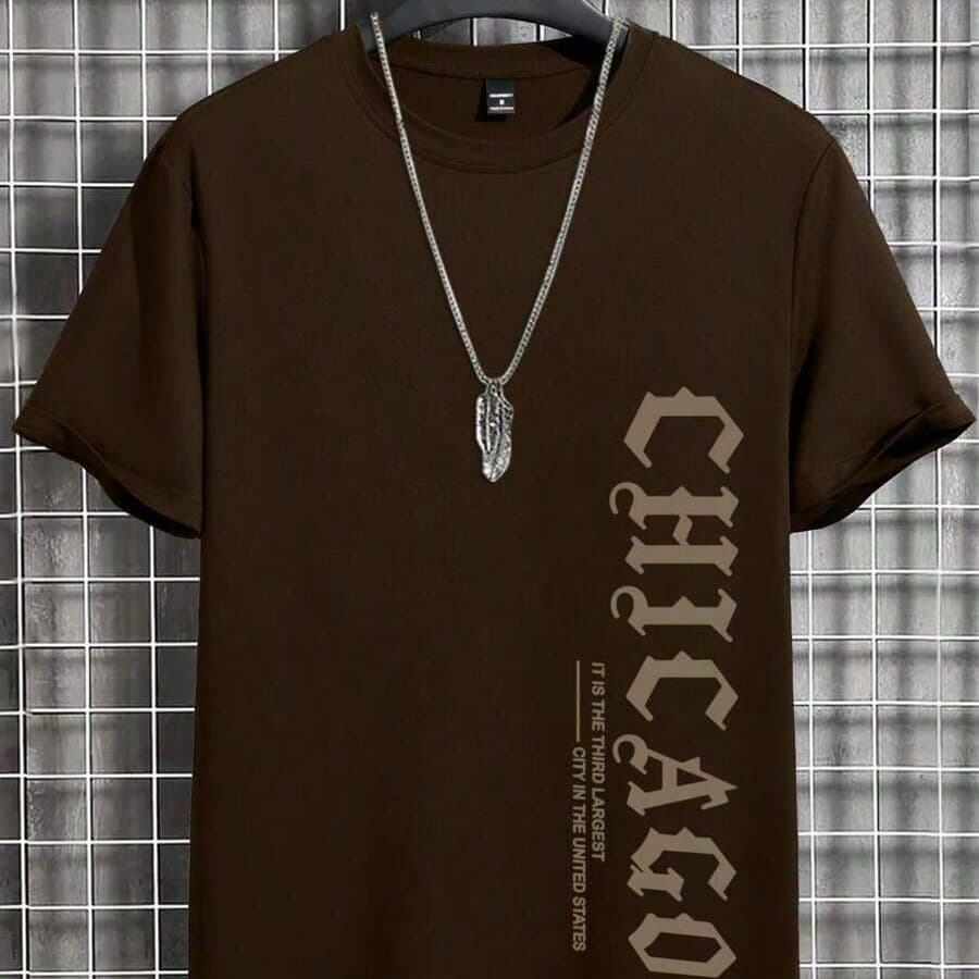 Camiseta Masculina Chicago Estampa de Letra Camisa 100% Algodão de Gola Redonda e Manga Curta Moda