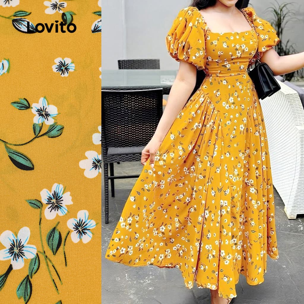(Casual) Lovito Vestido com Zíper para Primavera/verão Vestido Amarelo para mulheres LBL29324