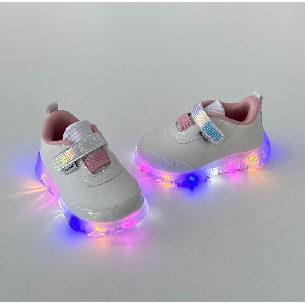 Tênis Infantil Pampili Menina Branco Rosa Led Luz Brilhante Conforto Casual Passeio Festa Fashion