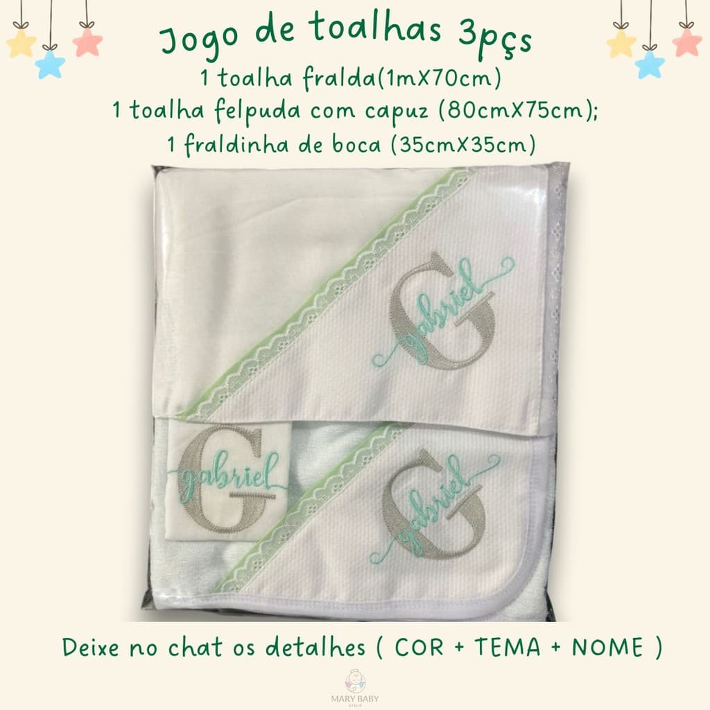 Kit 3 Pçs Personalizado Bebê Menino Baby Menina Fralda de Ombro, Pano de boca + Toalha de Banho Com Capuz