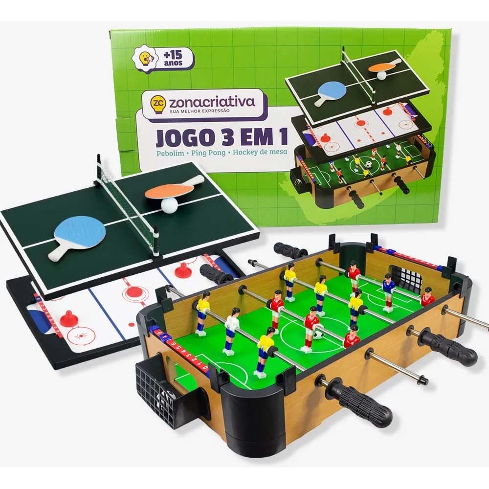 Mesa 3 em 1 Pebolim/Hockey/PingPong Juvenil madeira portátil