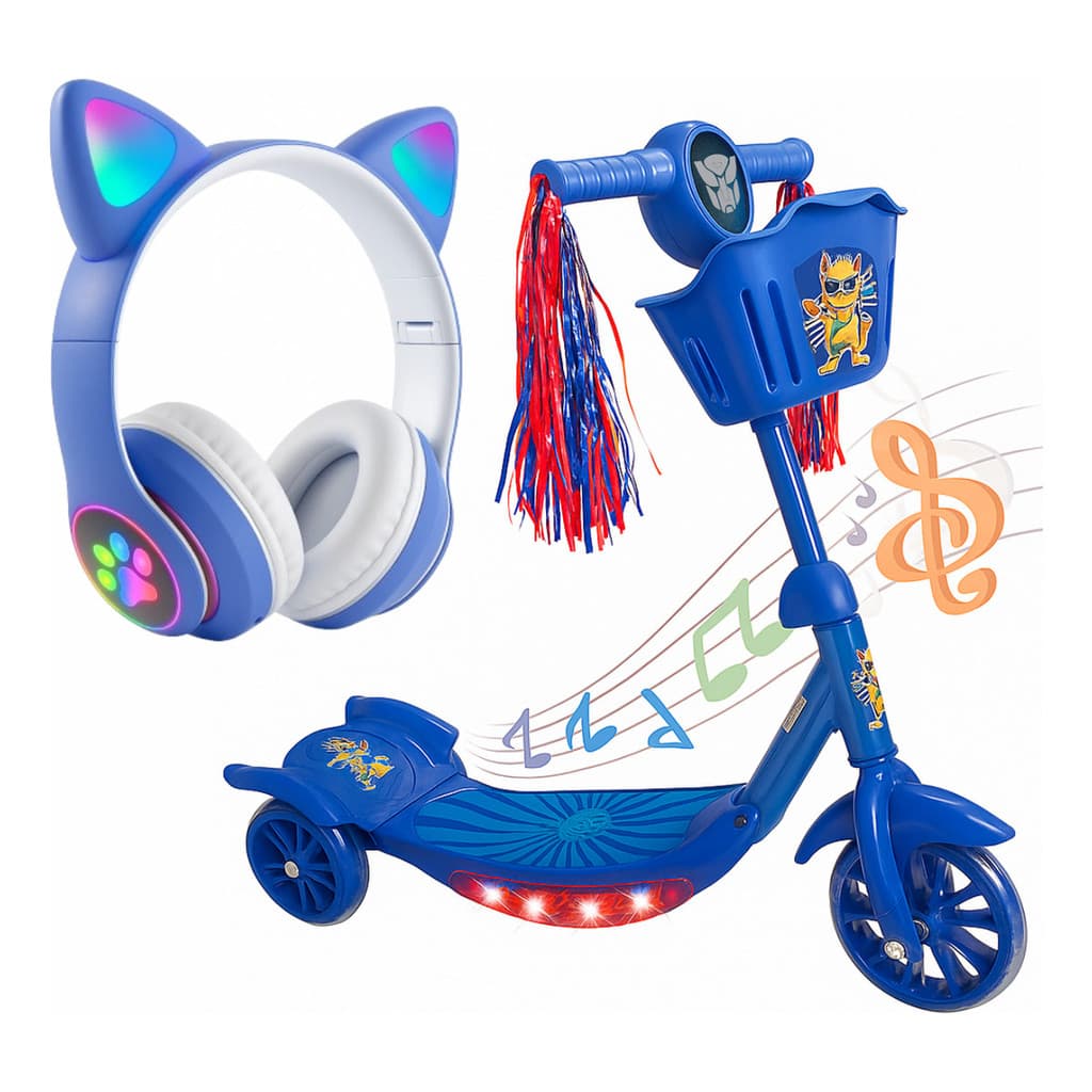 Patinete Infantil crianças Patinete 3 Rodinhas Luz Led E Som + Fone Gatinho Azul Bluetooth de Brinde