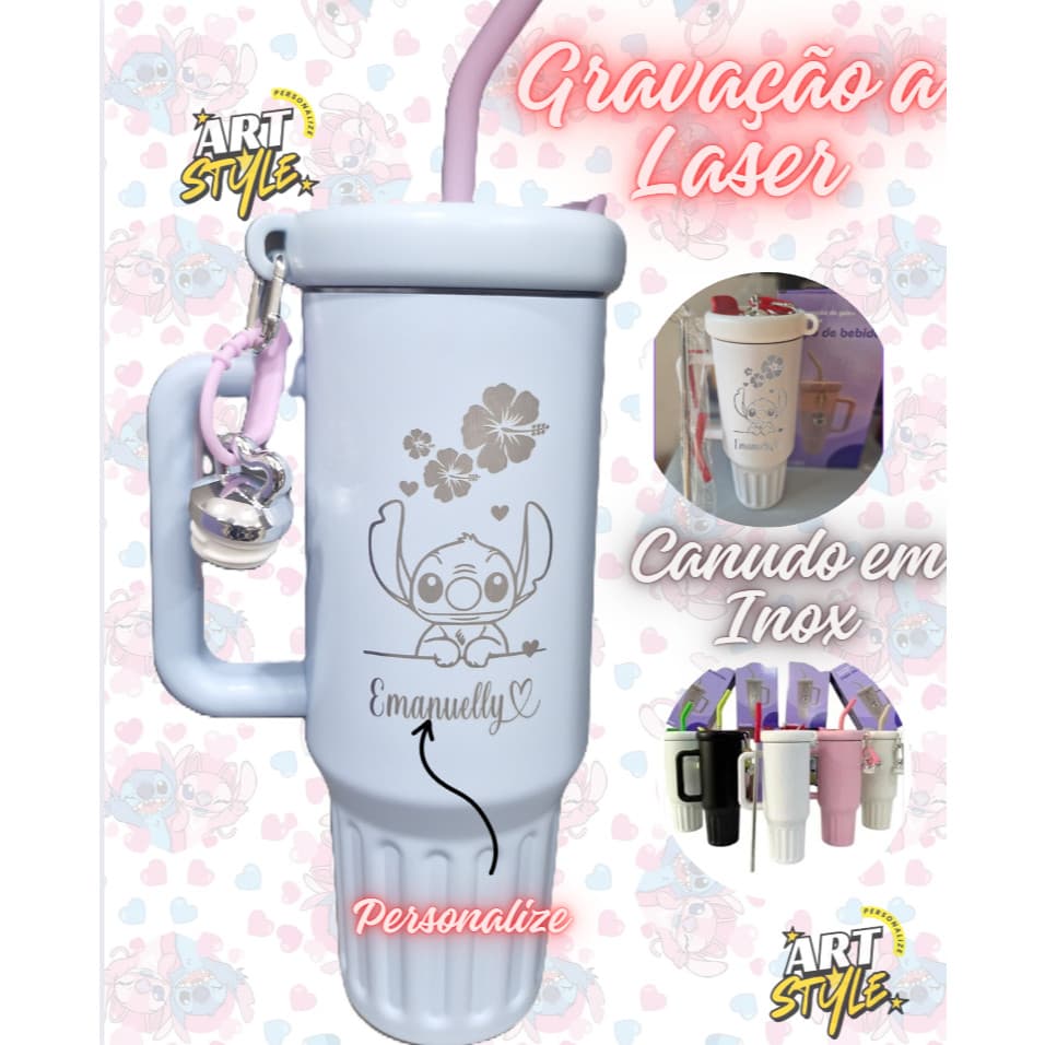 Copo Com Canudo Inox Termico Stich de Blogueira Personalizado C/Chaveiro 1.200ml