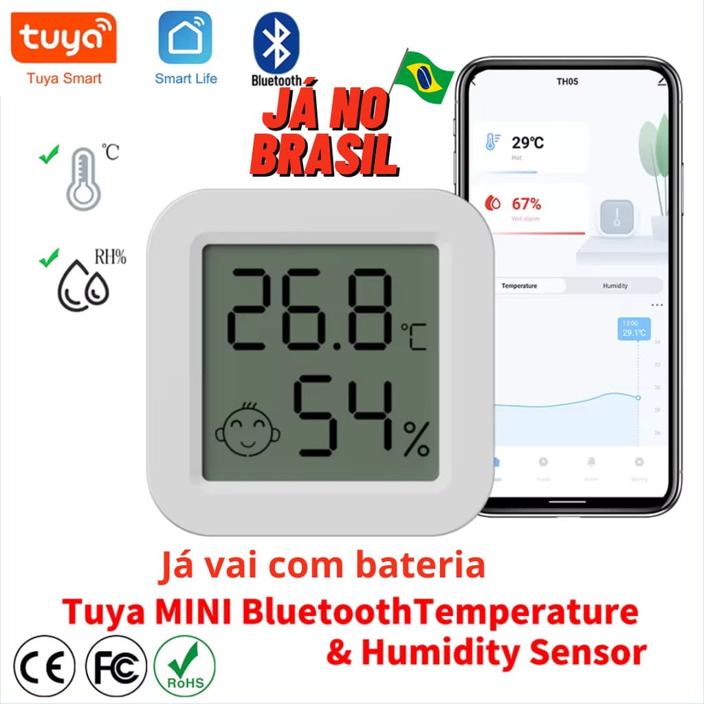 Sensor De Temperatura E Umidade Smart Inteligente Alexa Comando de Voz Bluetooth TUYA SmartLife
