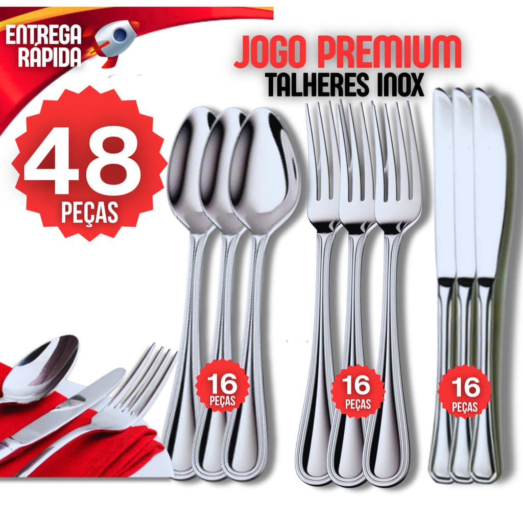 Jogo 48 Talheres 100% Inox 16 Garfo 16 Faca 16 Colher Premium Cozinha Buffet Restaurante Casa Mesa