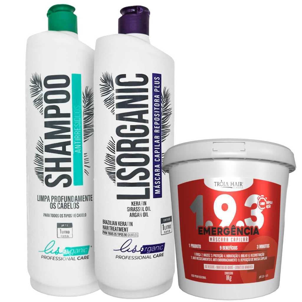 KIT LISORGANIC 1L + MÁSCARA EMERGÊNCIA 1.9.3 1KG TRÓIA HAIR — ALINHAMENTO E RECONSTRUÇÃO INTENSIVA