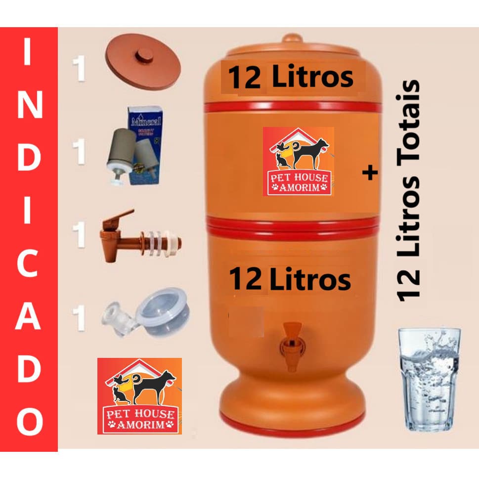 Filtro de Barro 12 Litros Tradicional Completo com Vela, Boia e Torneira – Salute - Jaboticabal