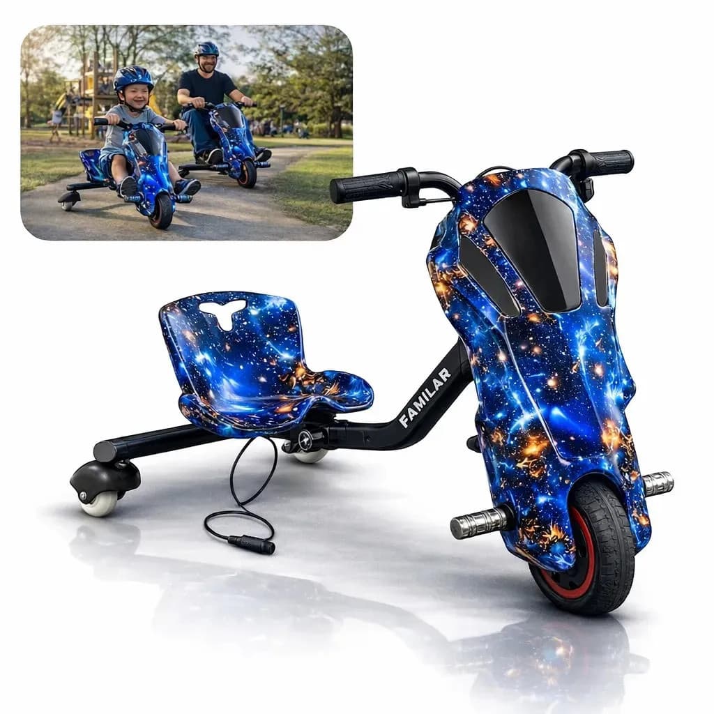 Triciclo Elétrico Infantil Drift 250w Scooter 15km/h Azul Estrela Kart Elétrico Criança 3 Rodas Com Led Recarregável