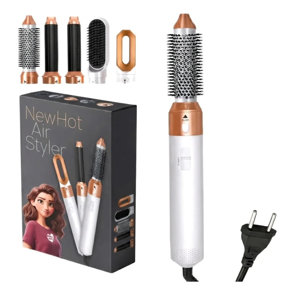 Escova Multiuso 5 em 1 220V Branca com Dourado  Seca Modela Alisa e Penteia com 5 Acessórios
