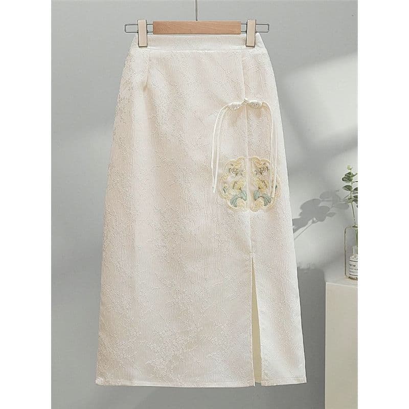 Nova Saia Bordada Estilo Chinês Para Mulheres Verão Tamanho Grande Gordura mm Design Sofisticado Longa Dividida Txt06150