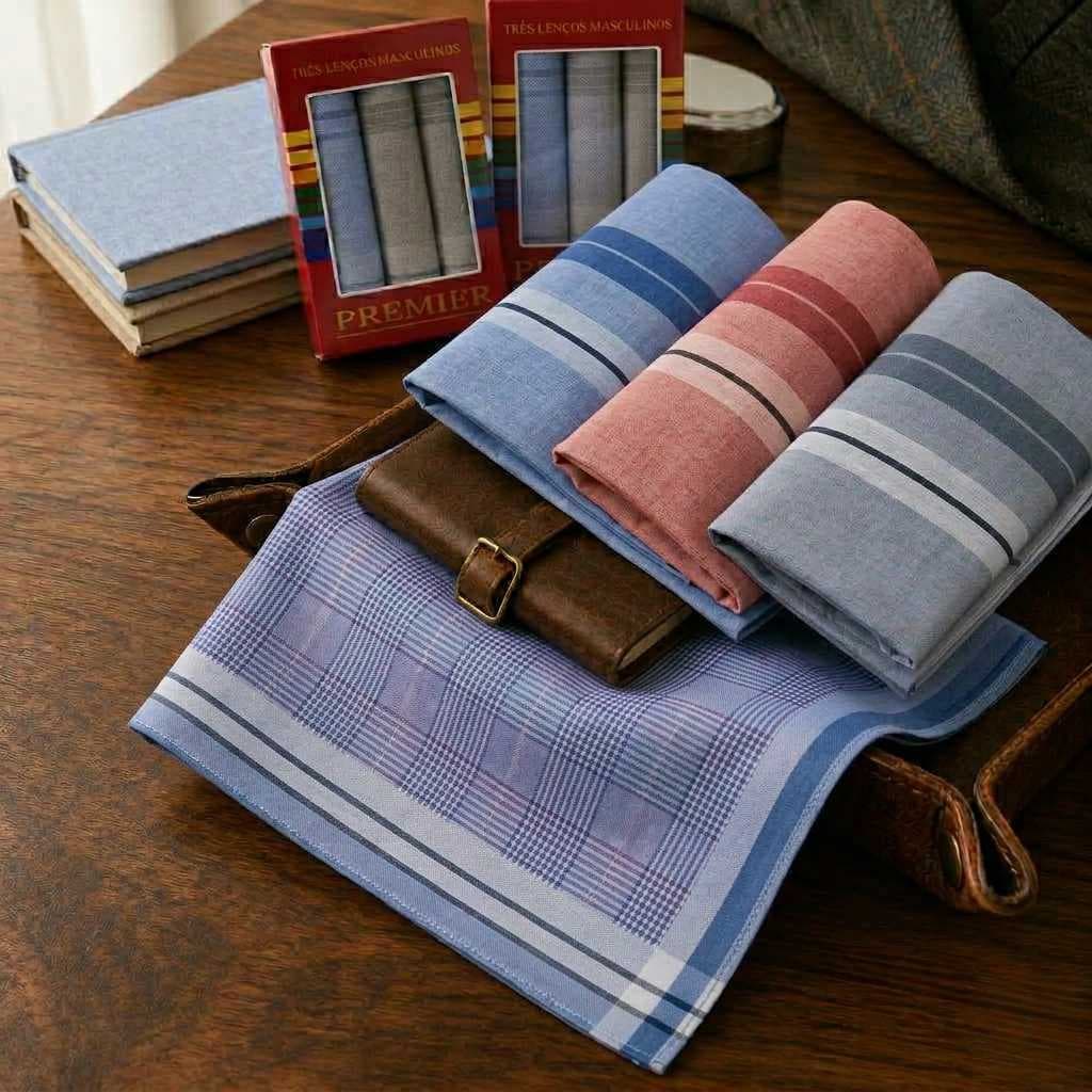Kit 6 Lenços de Bolso Masculino 32cm x32cm Liso Listrado Xadez 100% Algodão Seca Suor Limpa Óculos