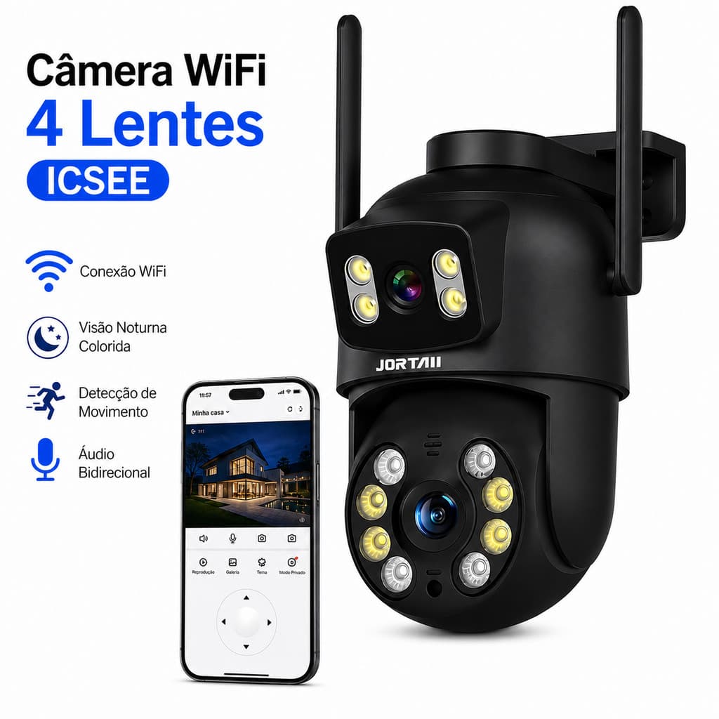 Câmera de Segurança WiFi 6 MP Dupla Lente Áudio Bidirecional com Detecção de Movimento App ICSEE