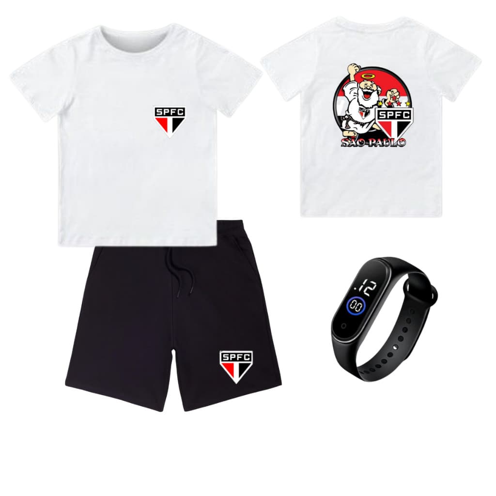 CONJUNTO INFANTIL CAMISA CAMISETA + BERMUDA  MASCOTE TIME  E RELOGIO BRINDE