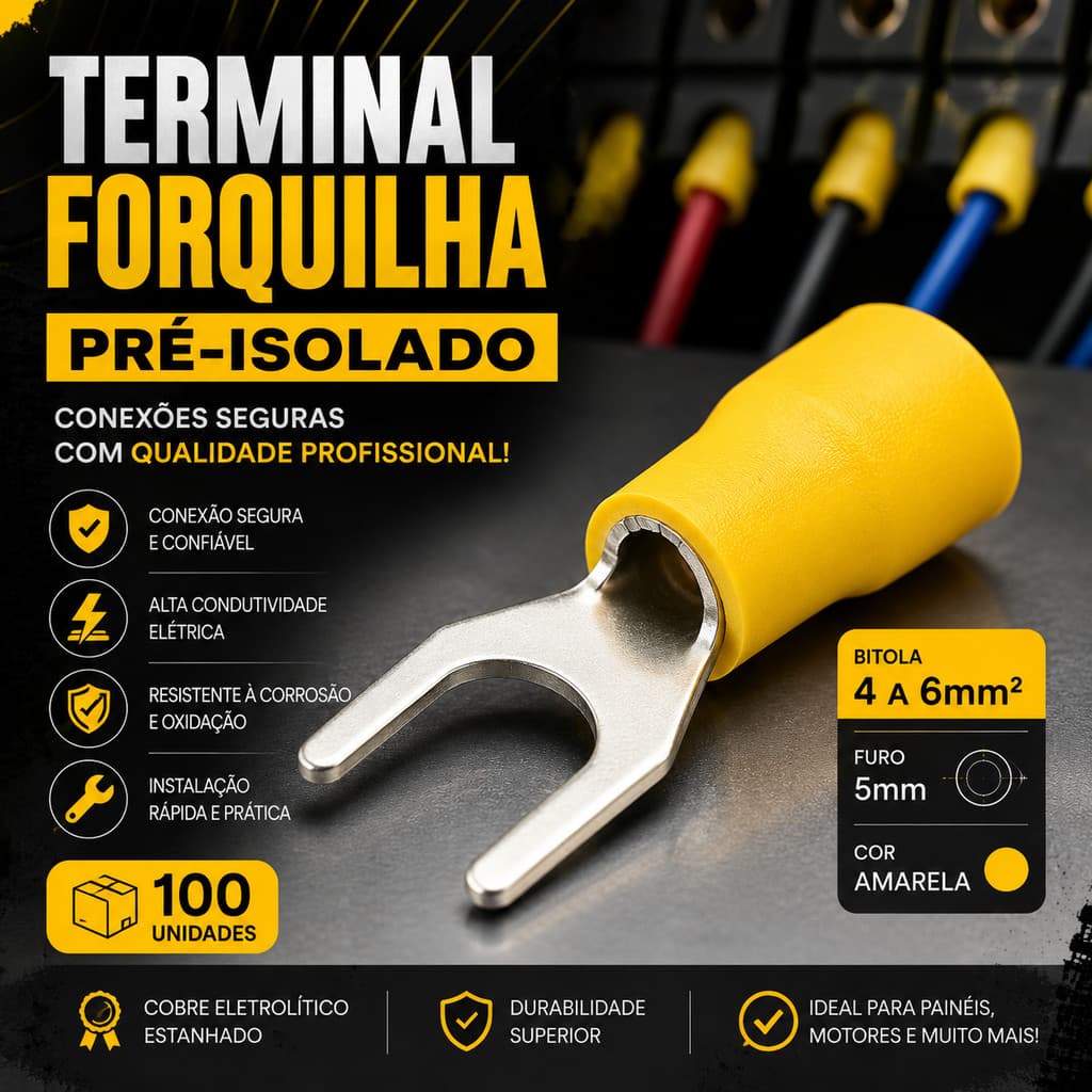 TERMINAL FORQUILHA PRÉ-ISOLADO SV5.5-5 M5 AMARELO PARA CABO 4 A 6MM² COBRE ESTANHO 48A