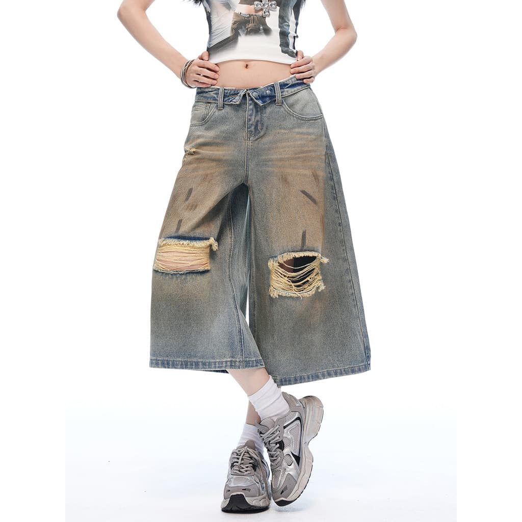 Estilo americano quente menina rasgado perna larga cortada Denim Shorts de cintura baixa roupas de verão rasgado Design
