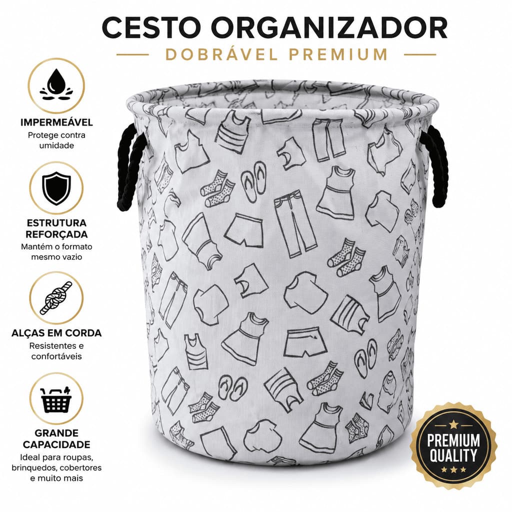 Cesto Organizador Multiuso Quarto Lavanderia Banheiro Dobrável e Impermeável - Grande