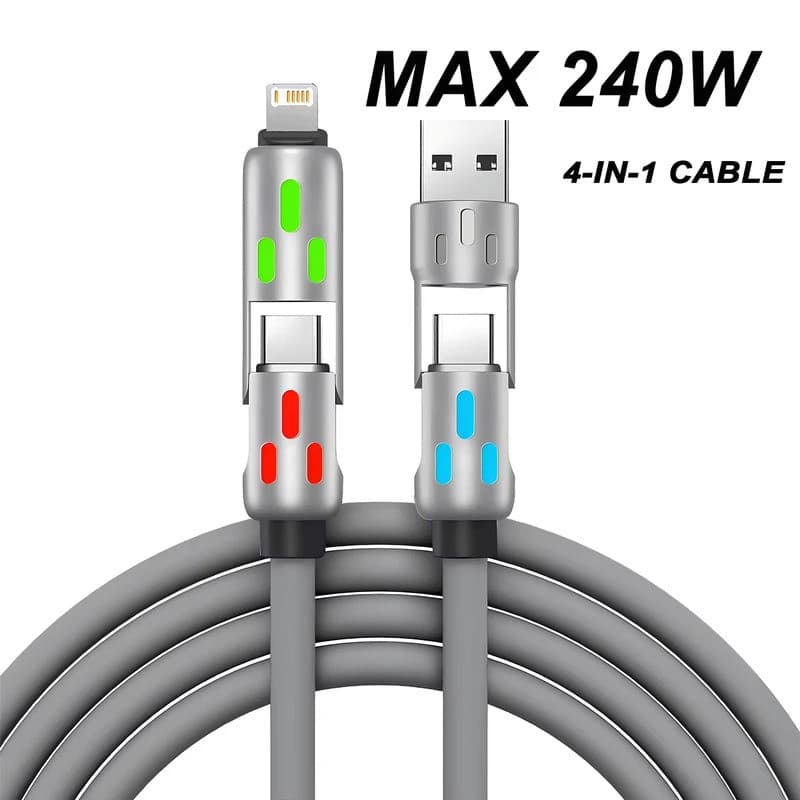 Carregador 4 em 1 com Conectores Múltiplos, Cabo de Silicone USB para Tipo-C de 1,2m com Cotovelo Rotativo, Carregamento
