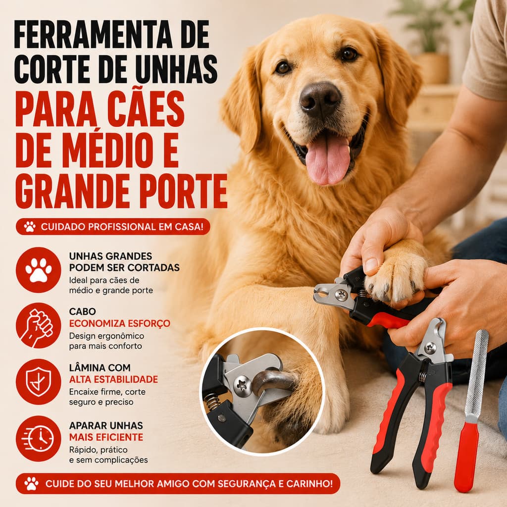 Kit Alicate Cortador de Unhas Pet com Lixa para Cães e Gatos Grande Porte Aço Inox Trava de Segurança Resistente