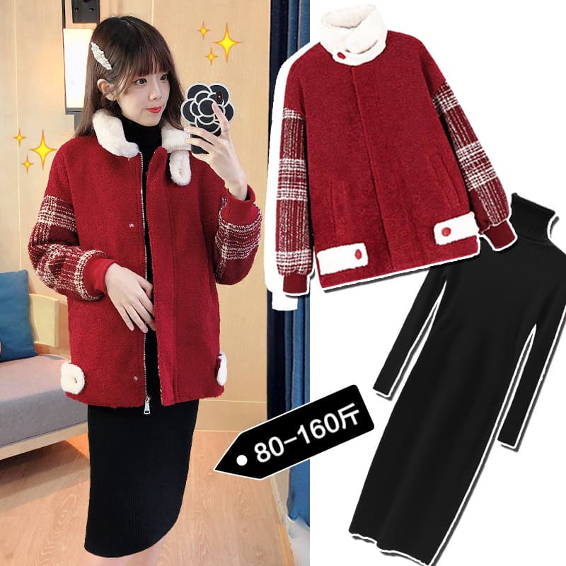 Maternidade inverno terno moda cordeiro velo jaqueta outono inverno ano novo gola alta camisola vestido de comprimento m