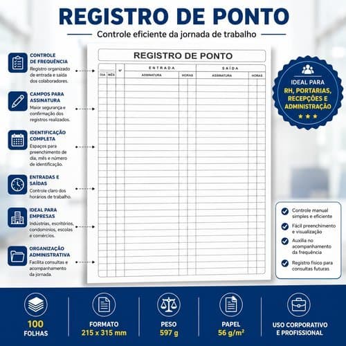 Livro Controle Frequencia Registro Horas Trabalho 100 Folhas Gestao Ponto Manual