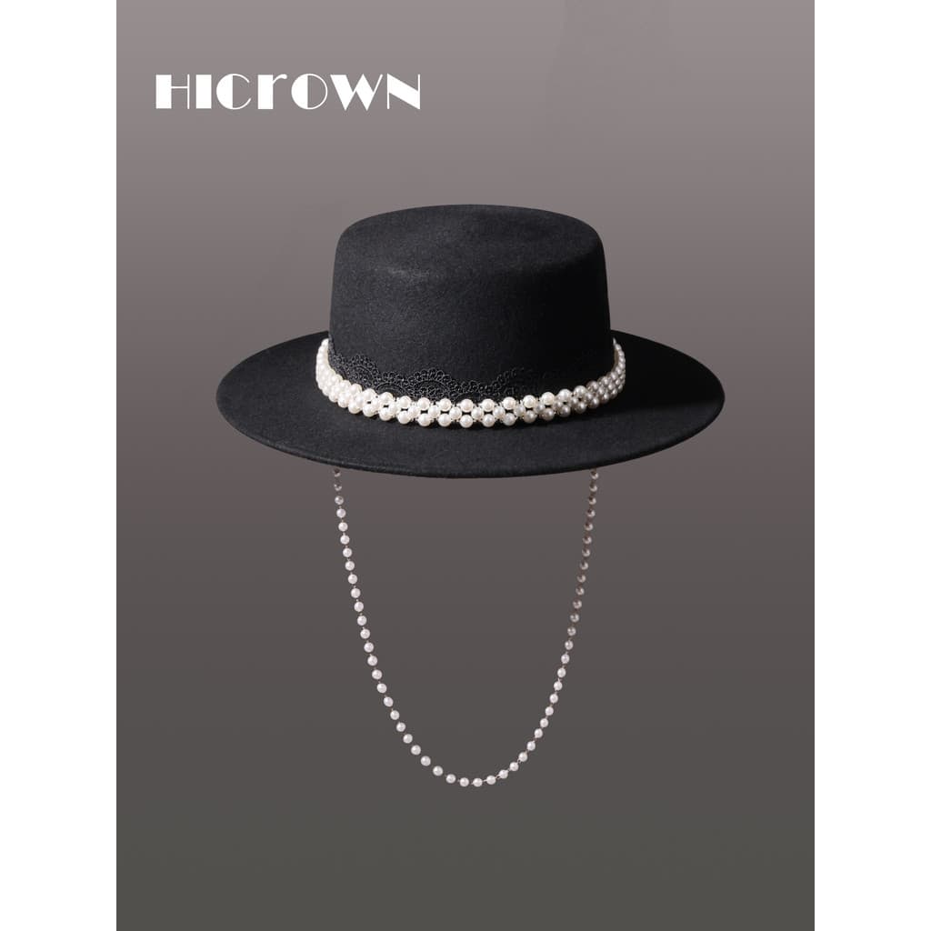 Outono inverno britânico senhoras de lã plana chapéu francês elegante pérola Retro adulto aba plana chapéu superior