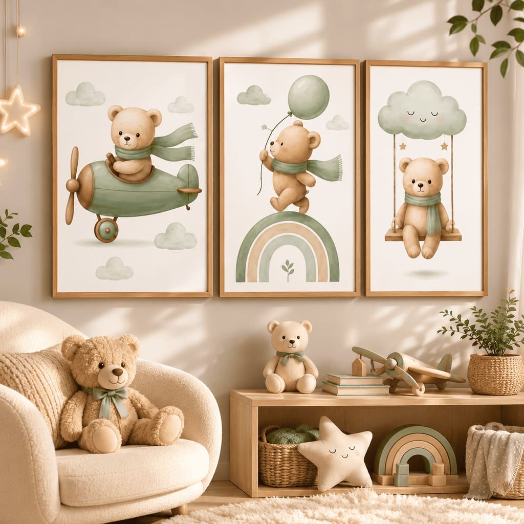 kit 3 quadros decorativos infantil personalizado ursinho fofo verde musgo luxo