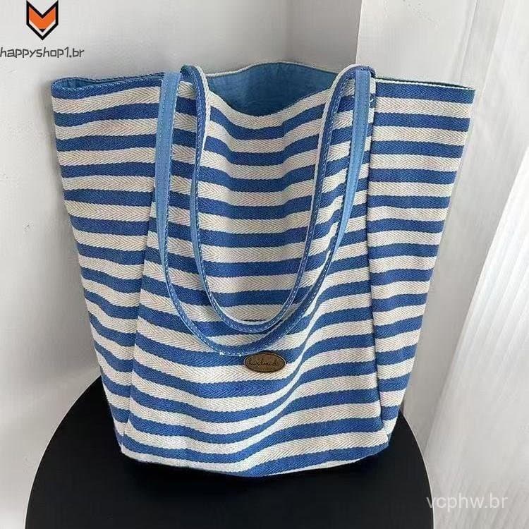 Sacola De Lona Listrada Bolsa De Ombro De Grande Capacidade Para Viagens Escolares Femininas