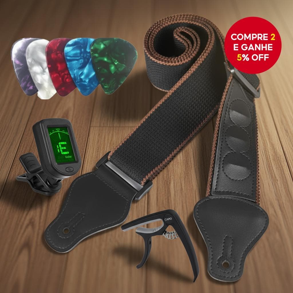 Conjunto de 8 Peças de Correia para Violão em Couro PU Preto e Algodão com Afinador de Violão, Capo, Palhetas de