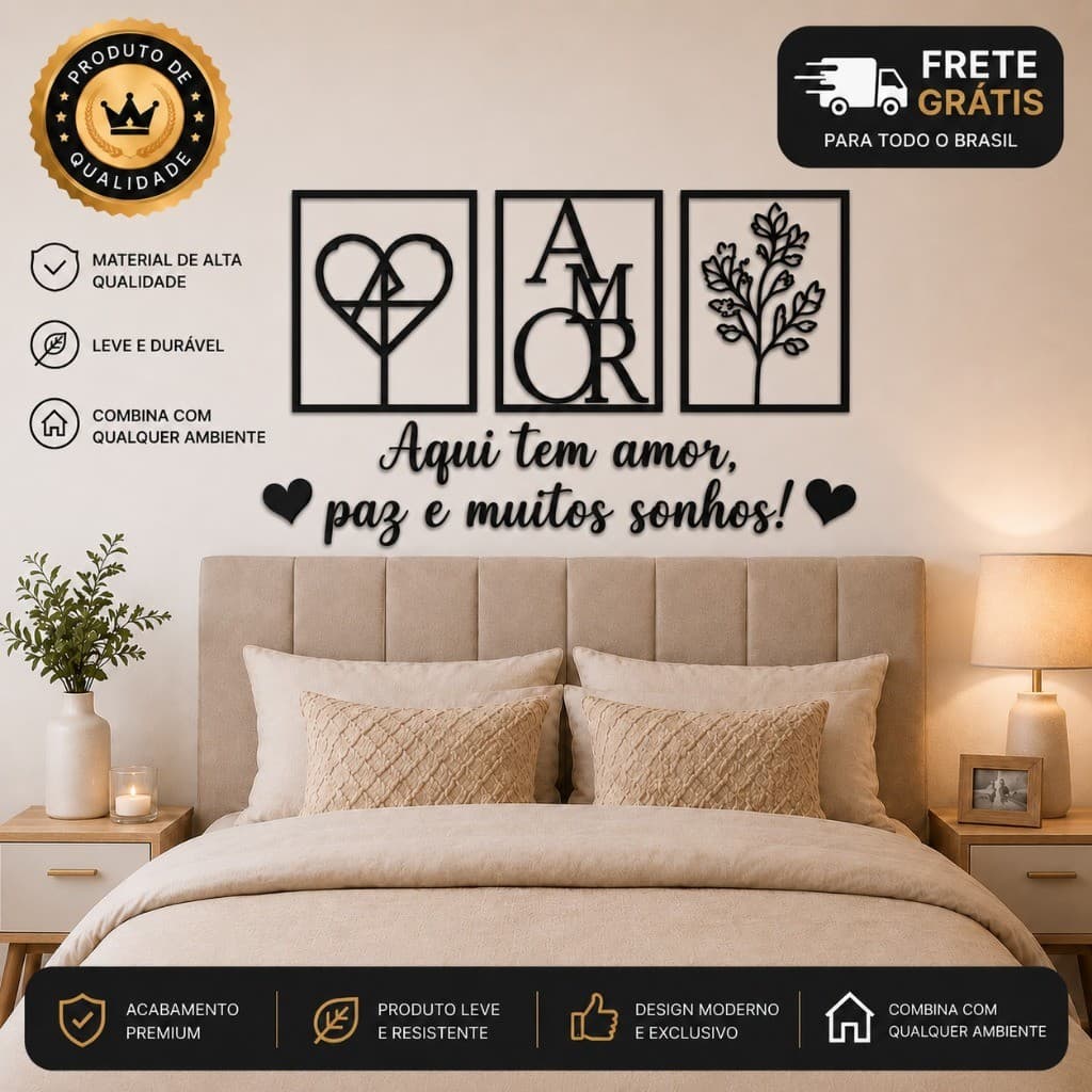Kit 3 Quadros Cabeceira Coração Geométrico Amor Arvore + Frase Parede Aqui Tem Amor Paz e Muitos Sonhos + 2 Coração