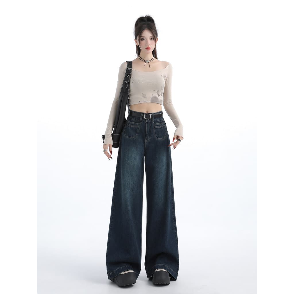 Vfvk solto Jeans de perna larga feminino pequeno americano Retro cintura alta calças de perna reta verão temperamento la