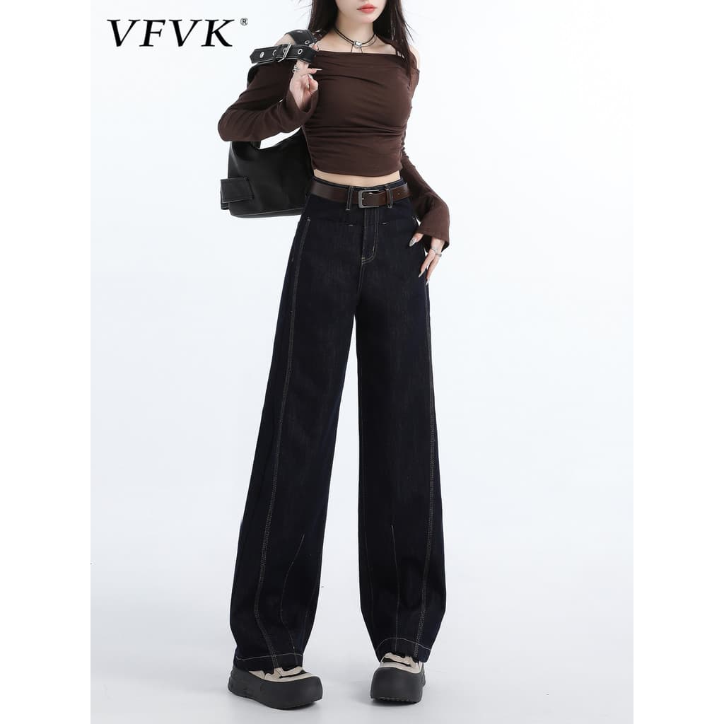 Vfvk azul escuro Jeans de perna larga feminino verão 2026 novo estilo costura pequeno solto mais magro olhar calças reta