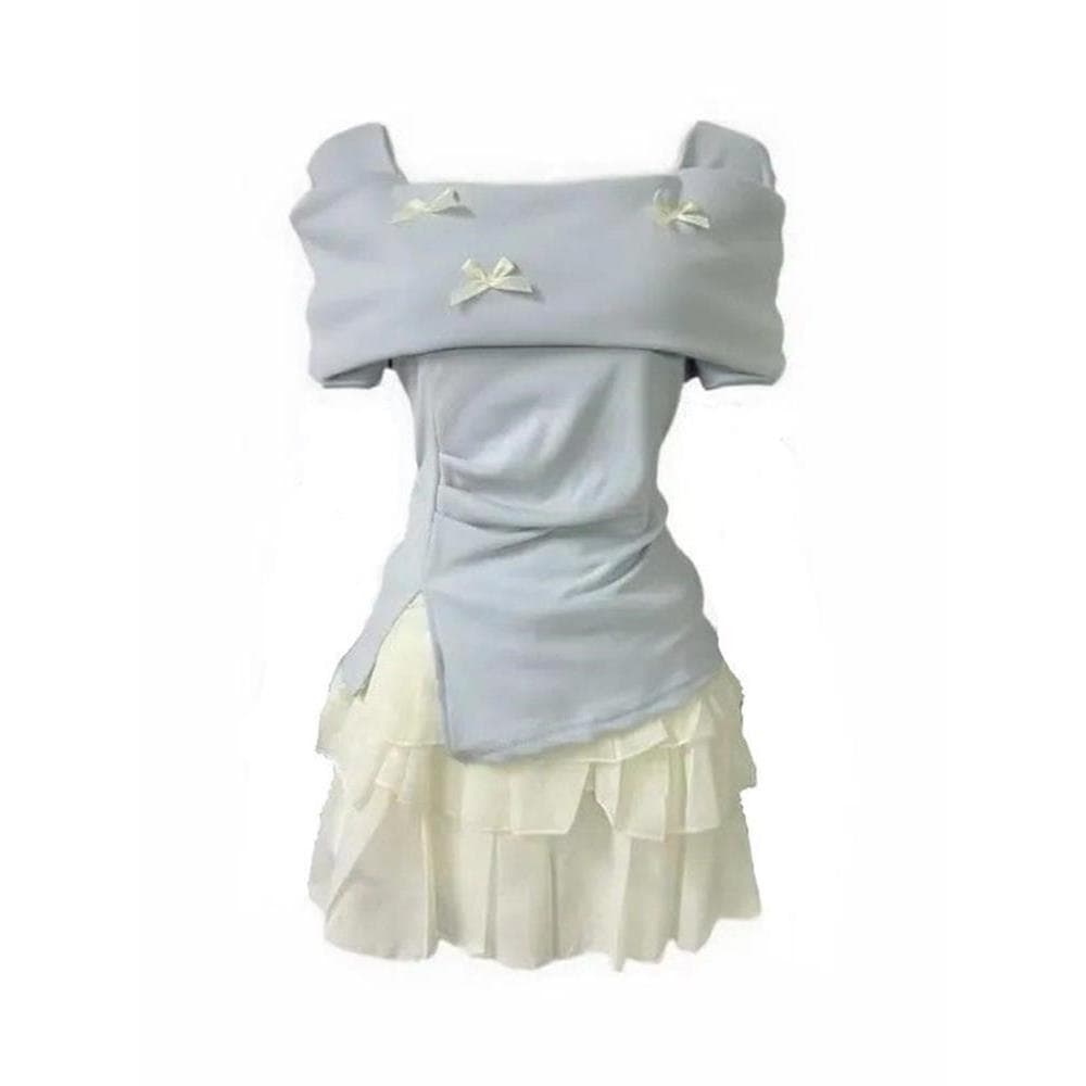 Juezi novo estilo feminino verão manga curta terno de um ombro superior damasco saia de meio comprimento dois