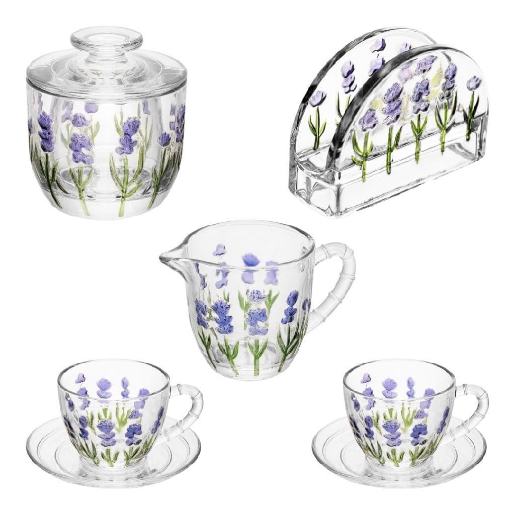 Jogo De Café Cristal Lavanda Artesanal 2 Xícaras Leiteira Porta Guardanapo Manteigueira