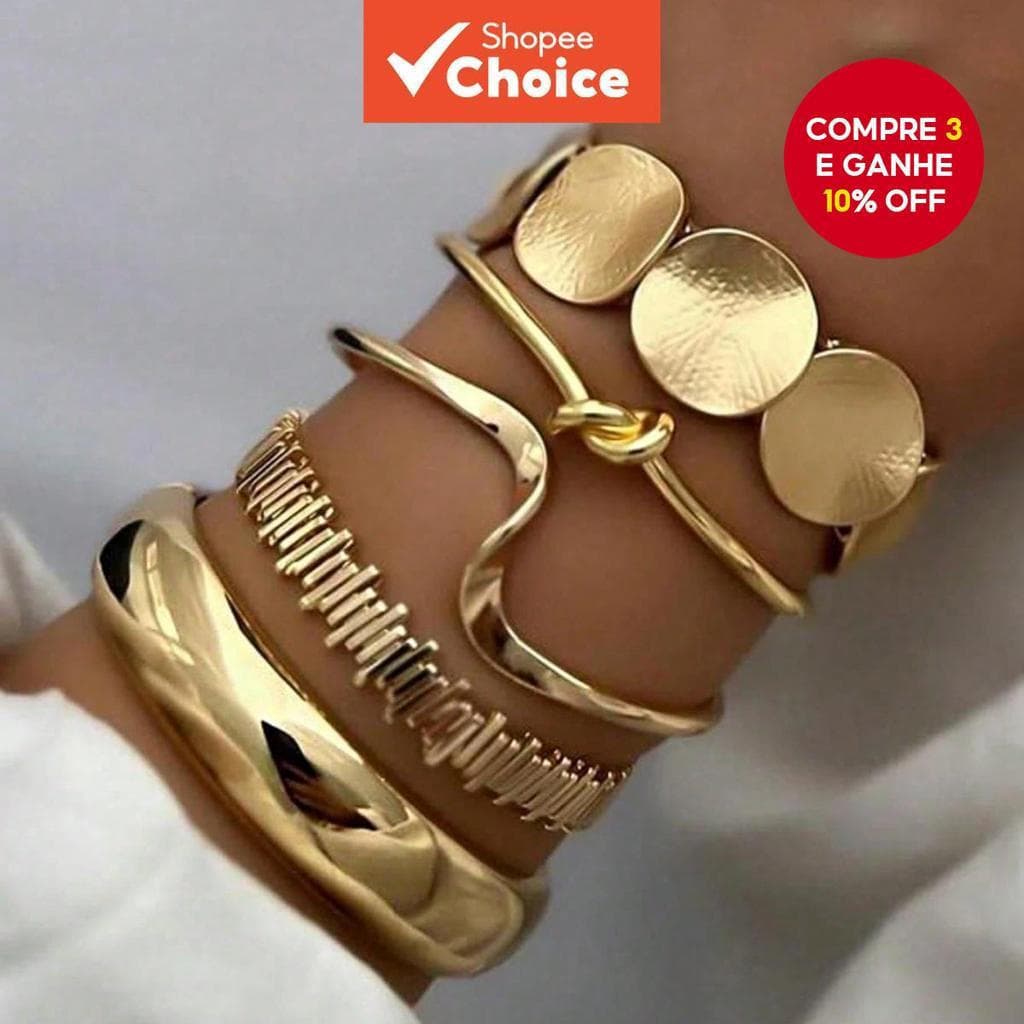 Conjunto de pulseiras de metal exageradas em estilo vintage, 5 peças geométricas folheadas a ouro, acessórios luxuosos p
