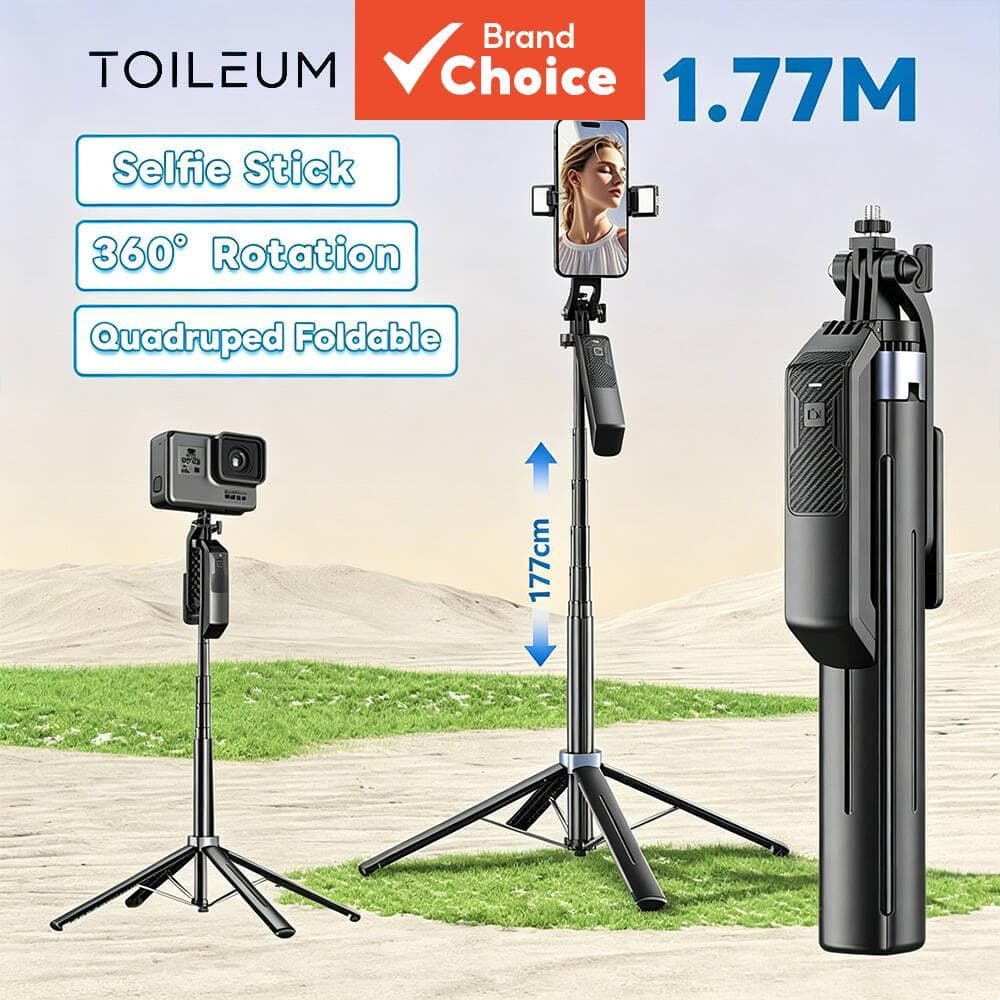 TOILEUM Bastão de Selfie Sem Fio Bluetooth 177cm Suporte para Celular com 4 Patas, Monopé Dobrável, Luz de LED, Controle